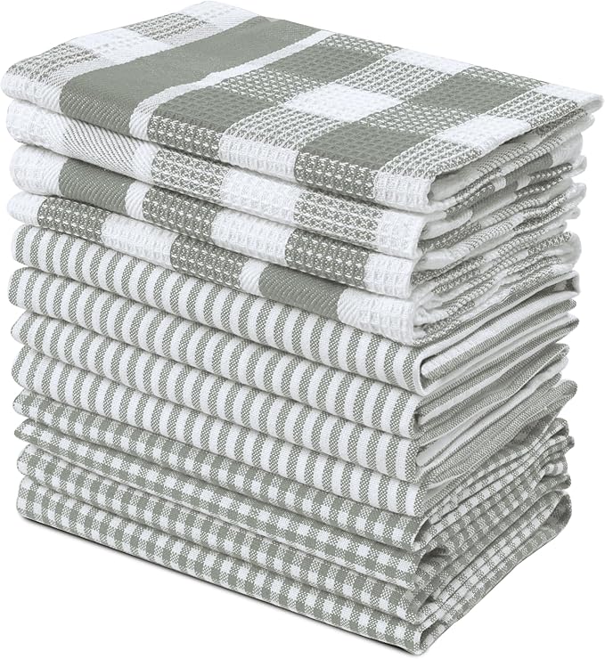 LANE LINEN 100% Cotton Kitchen Dish Cloths, Ultra Soft Absorbent Quick Drying Dish Towels, Multiweave Wash Cloths Dish Towel Sets, 12x12 Inches, 12 Pack - Grey