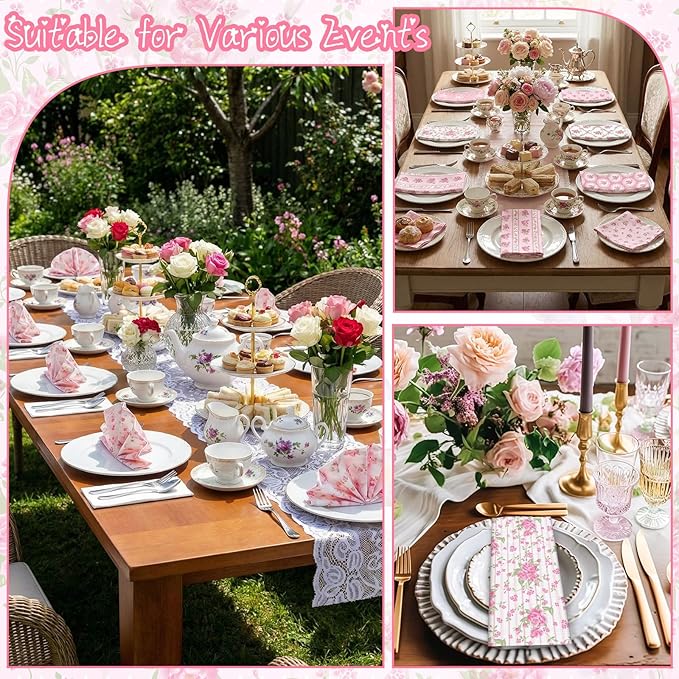 Floral Cloth Napkins 6 Patterns Washable Dinner Tea Party Napkins Reusable Plant Flowers Square Napkin Cotton Towel Decorative for Spring Wildflower Party(Pink Flowers,24 Pcs)