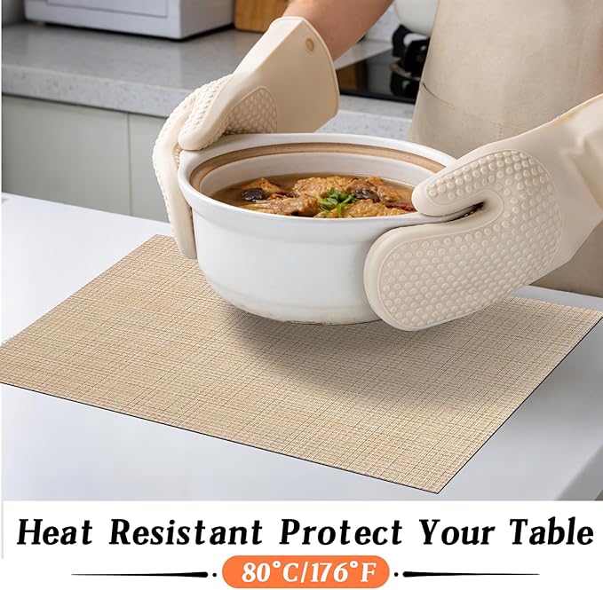 Timeet Placemats Set of 8, Heat Resistant Non-Slip Place Mats for Dining Table, Durable Washable PVC Vinyl Woven Table Mats, Linen Textured Placemats for Kitchen Resistant Easy to Clean(Beige