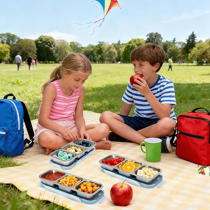 Stainless Steel Snack Containers with Lids, (3 Pack) Snackle Box Airtight Leakproof 3-Compartment Bento Box, Reusable Food Storage Container for Lunch, Travel, Picnics, and Office