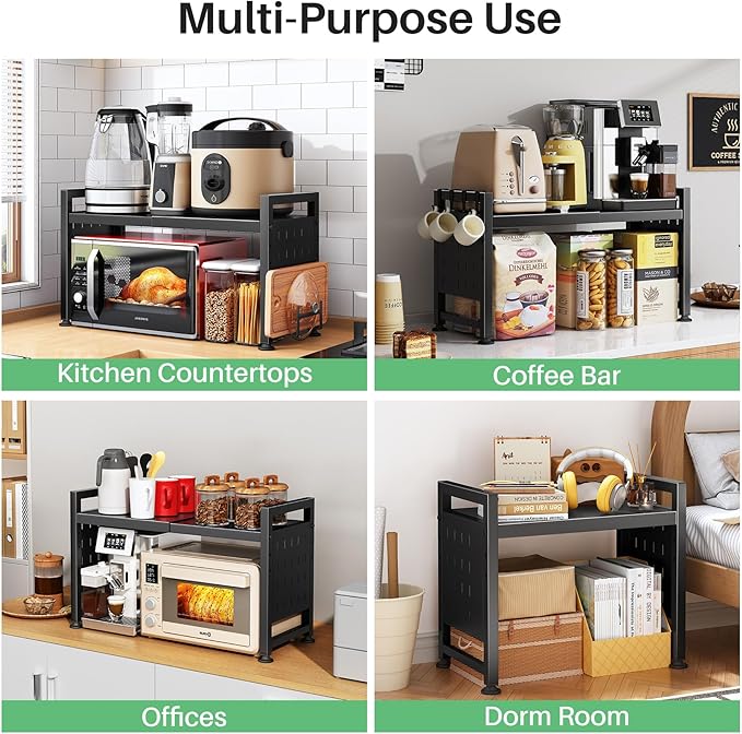 Kitstorack Adjustable Microwave Oven Rack,Microwave Stand Shelf Heavy Duty 2-Tier Shelf with Cutting Boards Stand for Kitchen Shelves Counter Top Organizer, Holds 120lbs,9 Hooks