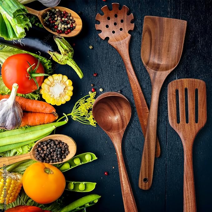 Wooden Spoons for Cooking 11 Pieces Set, High Quality Wooden Kitchen Utensil Set, Wooden Utensil Set, With Strainer Spoon, Pasta server, Fried Spatula and Salad Fork, Egg Beater, Butter Spreader