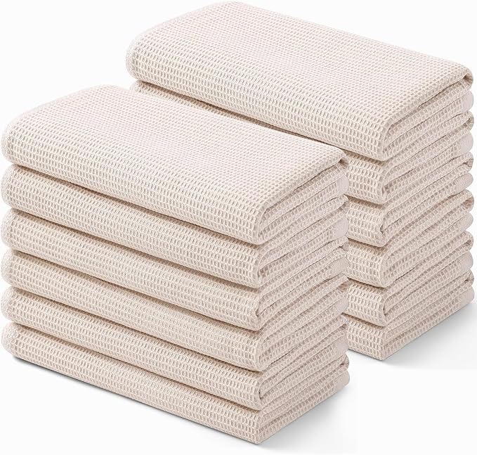 Homaxy 100% Cotton Waffle Weave Kitchen Towels - 12 Pack Soft and Absorbent Dish Towels - 16 x 26 Inches Quick Dry Hand Towels - Beige