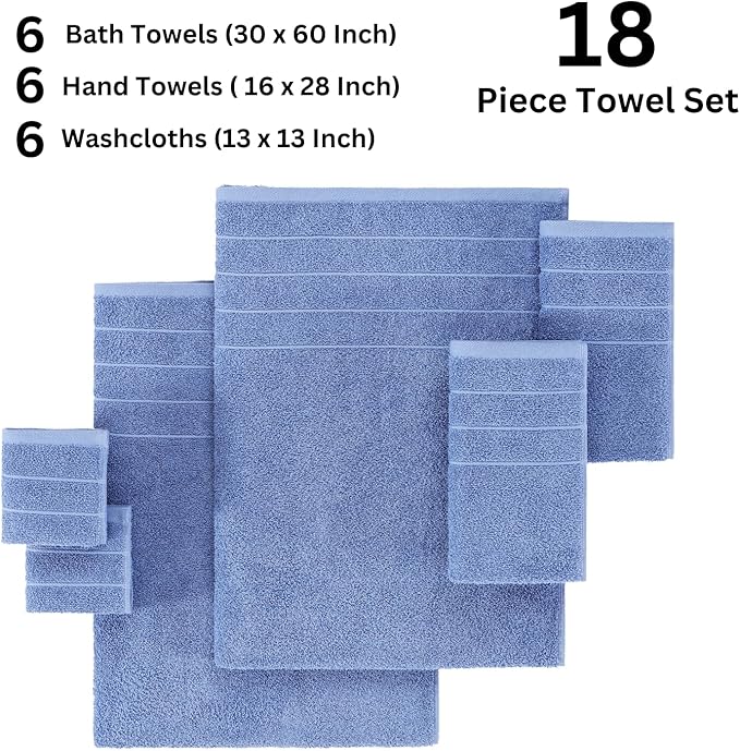 Casa Platino Cotton Bath Towel 18 Piece Set - Super Soft, Quick Dry & Absorbent - 6 Bath, 6 Washcloths, 6 Hand Towels for Bathroom - Hotel Quality & Suitable for Family - Cerulean Blue