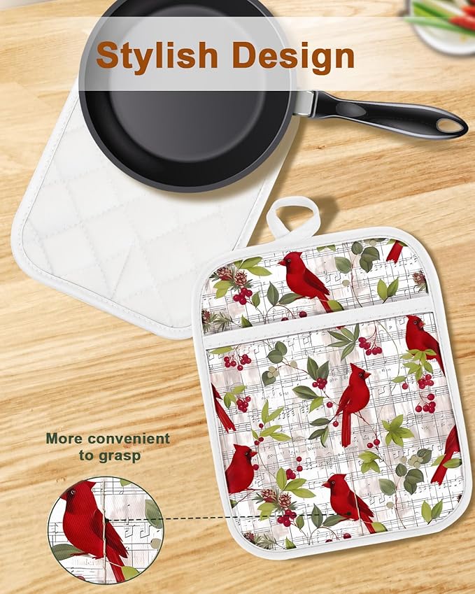 Swooflia 100% Cotton Pot Holders 2 Pack Set for Kitchen with Pockets - Cute 440°F Heat Resistant Oven Hot Pads Heavy Duty for Countertop Home Cooking Baking Microwave BBQ Bird