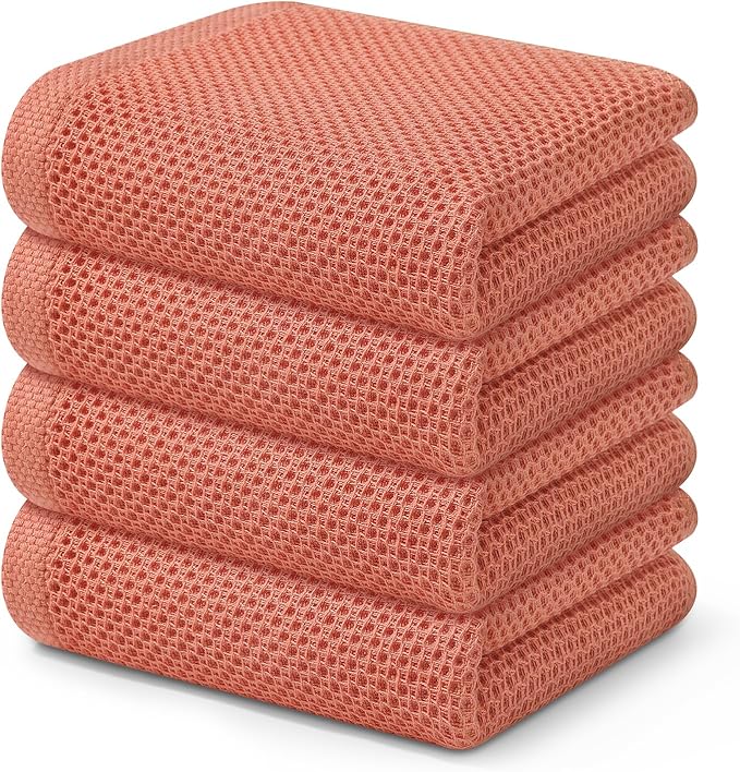 Kitinjoy 100% Cotton Waffle Weave Kitchen Hand Towels (13 X 28 Inches, Coral), 4-Pack Super Soft and Absorbent Dish Towel for Drying Dishes
