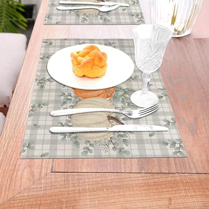 Fall Pumpkin Placemats 12x18 Set of 4, Orange White Pumpkin Buffalo Plaid Table Place Mat Autumn Watercolor Harvest Washable Table Mats Decorative Linen Fabric Table Mat for Dining Table
