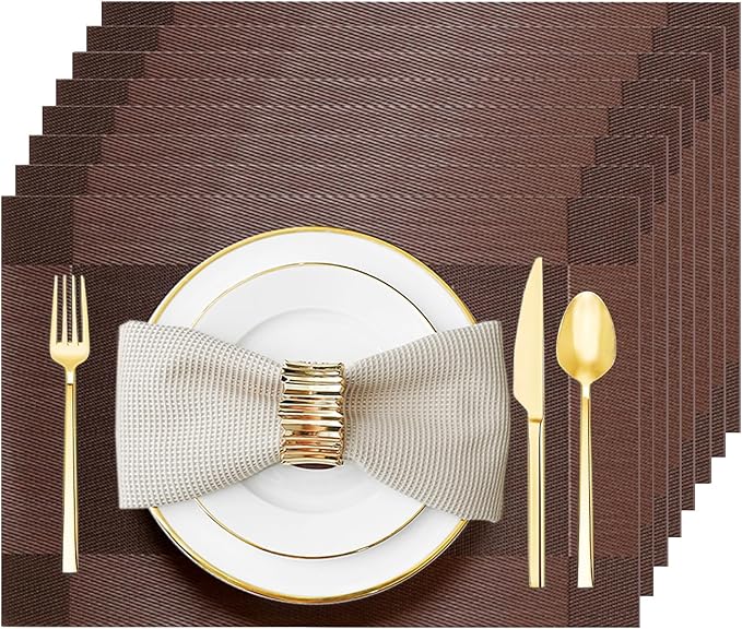 Placemats Set of 8 Washable&Wipeable Place mats for Dining Table Kitchen Indoor Outdoor Table Mats Heat Resistant Non Slip Woven Vinyl Table Placemats (Brown，8PCS)