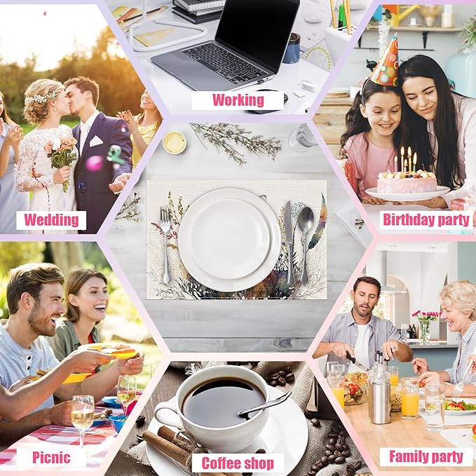 Watercolor Dragonfly Floral Placemats Set of 6,12x18 Inch Linen Place Mat Washable Stain Resistant Table Mats for Spring Summer Seasonal Farmhouse Kitchen Party Home Decor
