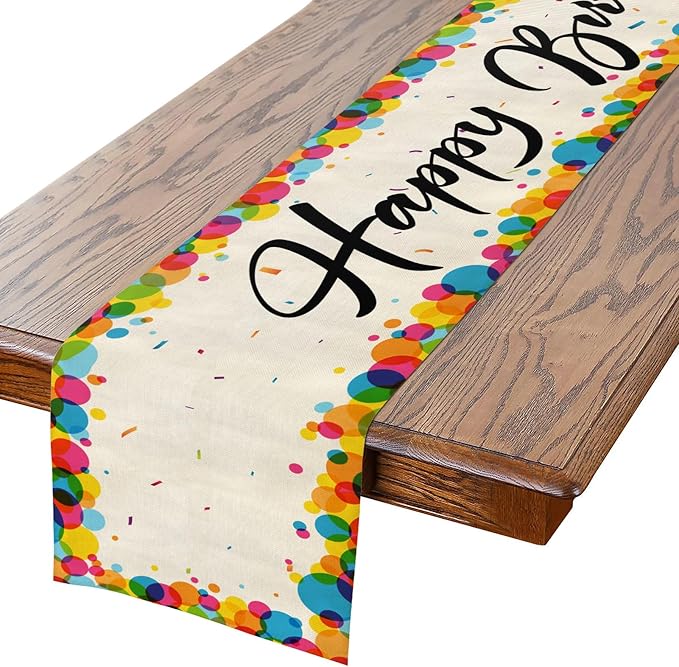 Happy Birthday Table Runner Colored Circles Ribbons 13x72 Inch Polyester Linen Table Decoration for Kitchen Dinning, Indoor Outdoor Home Party Desktop Decor (Multicolour)