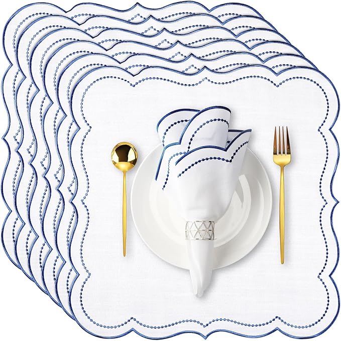 Hahafelt 6 Set Cloth Napkins 18x18inches Scalloped Embroidery Cloth Napkins Washable Polyester Table Dinner for Hotel Restaurant Weddings Events Parties (Navy Blue)