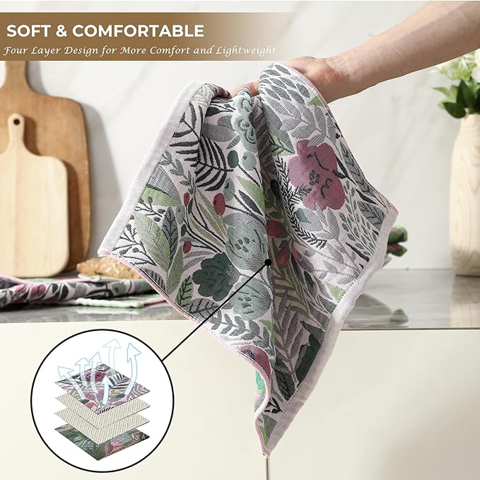 Cotton Kitchen Towels Set of 4, Quick Dry Sustainable Decorative Dish Towels for Kitchen Drying,Ultra Absorbent Reusable Cleaning Tea Towels,Pretty Hand Towels for Bathroom/Kitchen with Loop