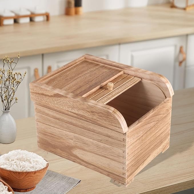 Wooden Rice Storage Container with Sliding Lid, Wood Food Container for Cereal, Grains, Flour, Light Brown