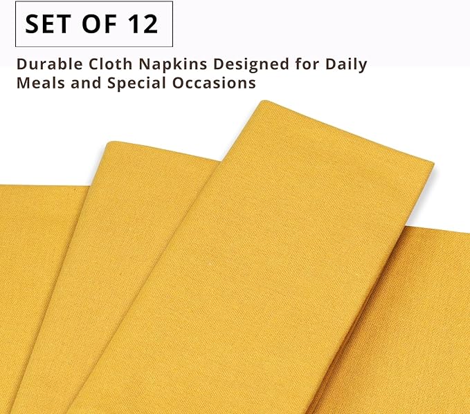 PurpleEssences Set of 12 Cloth Dinner Napkins 100% Cotton 18x18 Inch - Soft Durable Washable - Ideal for Farmhouse Party Spring Easter Summer - Perfect Everyday Use Table Linen - Golden Yellow