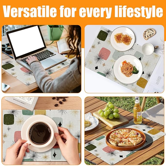Mid Century Placemats Set of 6,12 x 18 Inch Table Mats Washable Heat Resistant Linen Fabric Rectangle Place Mat for Party Home Kitchen Dining