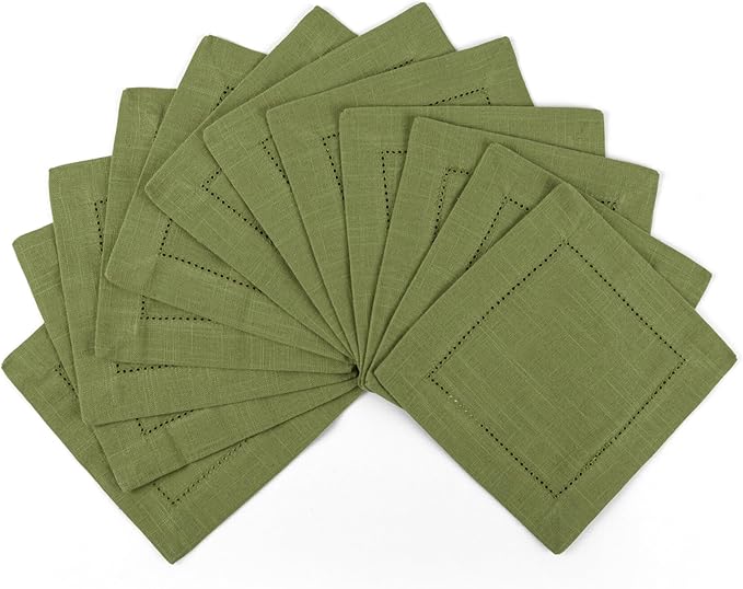 FINGERCRAFT Cocktail Napkins 6 x 6 Inch Premium Quality Cotton, Generous Hemstitch and Mitered Corner Set of 12 Coaster Cloth Olive Green
