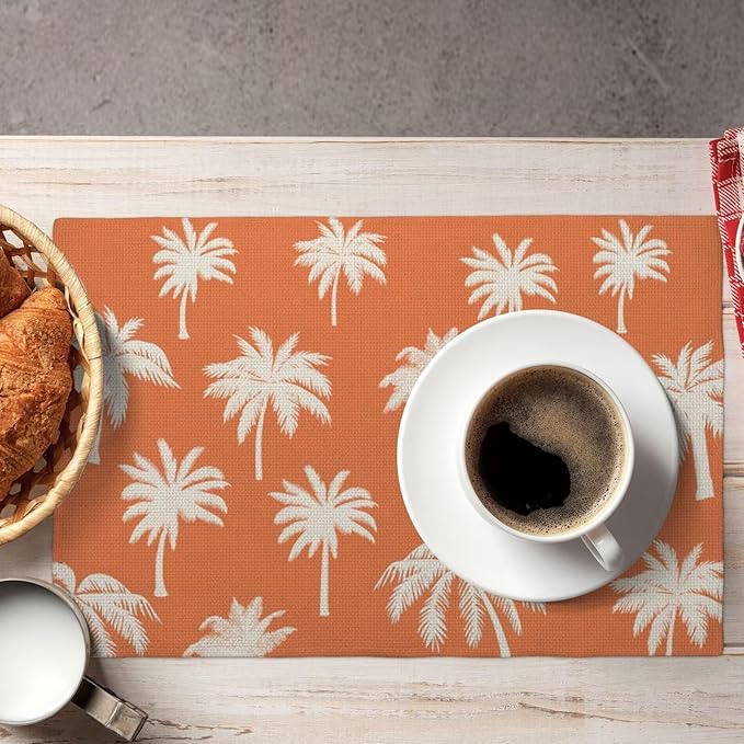 Palm Tree Placemats 12x18 Inch Set of 4, Summer Burnt Orange Table Place Mat Vintage Tropical Washable Table Mats Decorative Linen Fabric Table Mat for Dining Table Decor