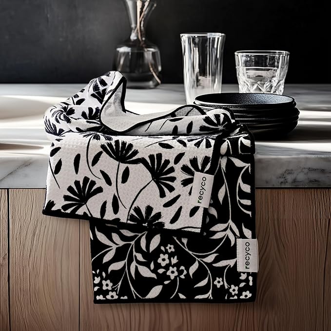 RECYCO Waffle Kitchen Towel Set of 2 - Quick Dry Microfiber Sustainable Dish Towels - Ultra Absorbent Reusable Cleaning Tea Towels - Lightweight Hand Towels,16”x 28”, Black & White Florals