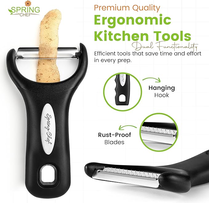 Spring Chef Vegetable Peelers for Kitchen - Stainless Steel Swivel, Y & Julienne Peelers, Potato Peelers with Soft Grip Handles, Kitchen Utensils Set of 3 for Fruits, Veggies, Apples, Carrots
