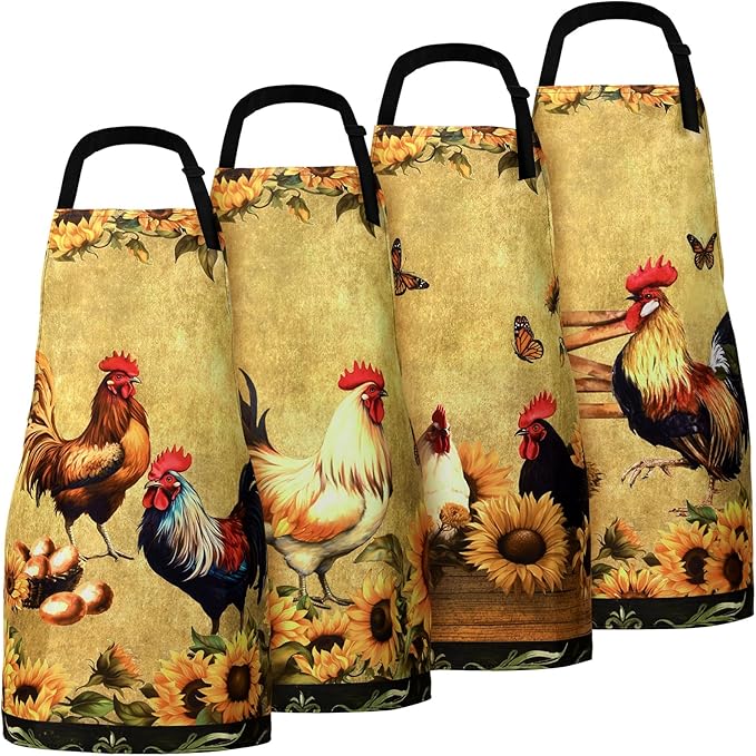 Geetery 4 Pcs Chicken Aprons for Women Rooster Print Apron Waterproof Adjustable for Kitchen Cooking