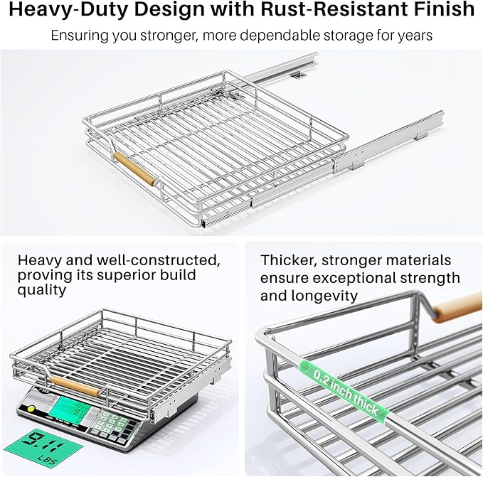 Pull out Cabinet Organizer, 21"W X 21"D, Heavy Duty Smooth Sliding Under Cabinet Shelves for Pots and Pans, Full-Extension Roll out Drawers, Slide out Organization for Home Kitchen Pantry