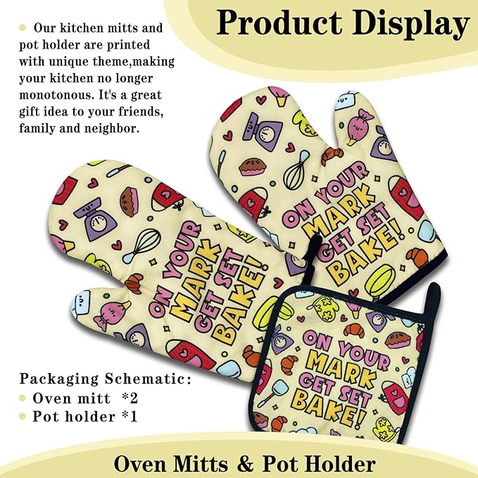 Funny Baking Oven Mitts and Pot Holders Set of 3, On Your Mark Get Set Bake, Heat Resistant Non-Slip Kitchen Mitts Hot Pads, Bake Lovers Gifts, Housewarming Gifts for Women Hostess Mom Wife