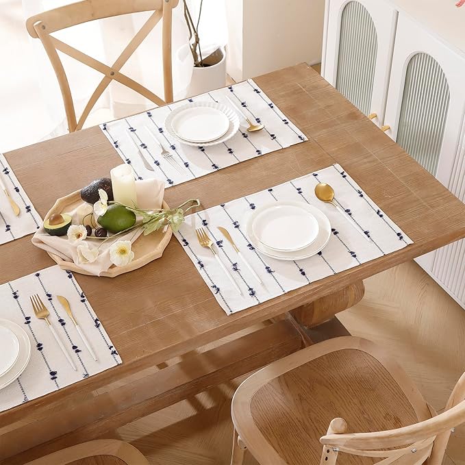 Boho Placemats 13 x 19 Inch Set of 6 for Dining Table Decor Woven Cloth Place Mats for Farmhouse Rustic Kitche Spring Home Decor Cotton Placemats Blue and Beige Table Mats
