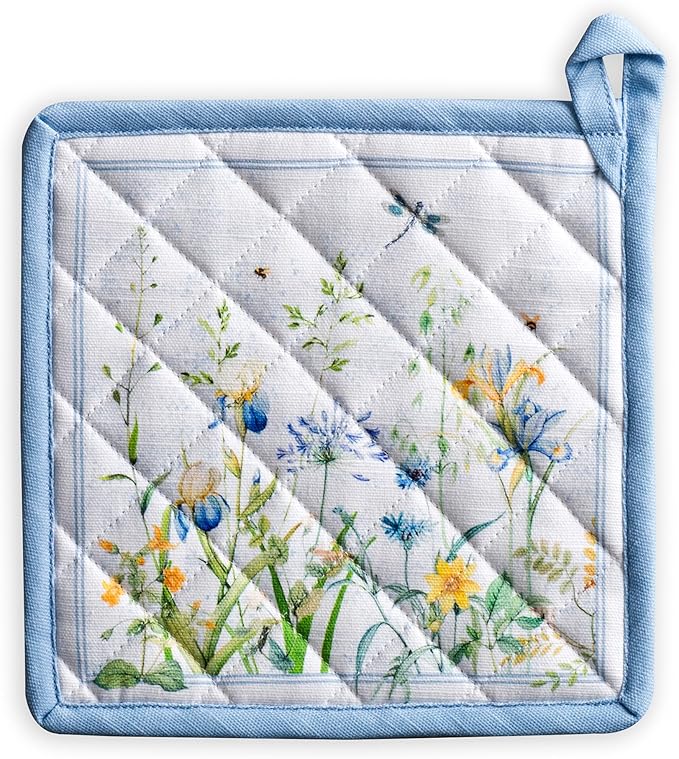 Maison d' Hermine Pot Holders 100% Cotton Heat Resistant Potholders 8" x 8" Hot Pads with Loop BBQ Cooking Baking Gifts for Mothers Day Handling Hot Pans Spring/Summer (Pack of 1, Fleurs De Mai)