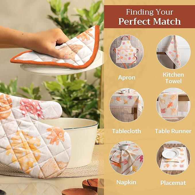 Maison d' Hermine Pot Holders 100% Cotton Heat Resistant Potholders 8" x 8" Hot Pads with Loop for Thanksgiving Christmas Decorations BBQ Cooking Handling Hot Pans (Pack of 1, Colours of Autumn)