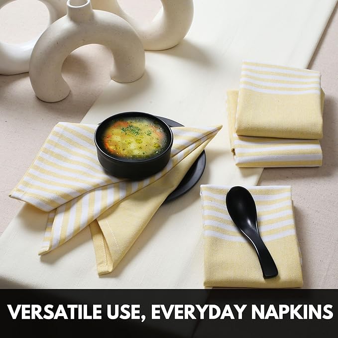 Lemon Yellow Stripe Cloth Napkins 4 Pack, 18x18 Inches, 100% Cotton, Machine Washable, Durable Reusable Table Linen for Everyday Dining, Spring Events, Easter Brunch, Wedding Parties