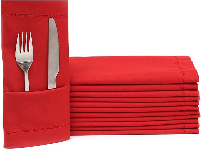 Lightnpro Christmas Red Cotton Napkins Set of 12, Beautiful Handmade Hemstitched Dinner Cloth Napkins, Washable and Reusable for Dining, Parties, Weddings, Holiday & Everyday Use - 18x18 Inch Red