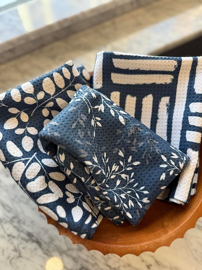|| 3 Pack|| Kitchen Towels || Dish Towels || Tea Towels || Highly Absorbent || Hanging Loop || Dish Cloths || Modern || Designer Prints (Navy/tan)