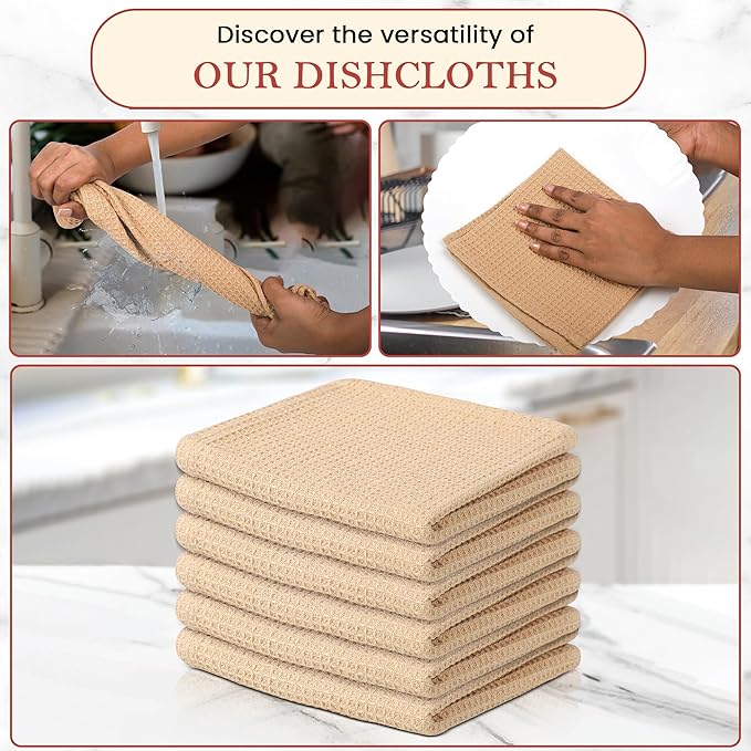 Vintage Vista 100% Cotton Waffle Dish Cloths (Pack of 6) - Dish Rags for Washing Dishes - Reusable & Highly Absorbent Kitchen Towels - Kitchen Rags fo Easter - (12" x 12" - Beige)