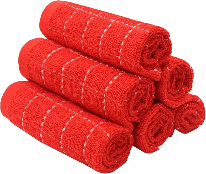 Natural Cotton Dish Cloths Waffle Weave Kitchen Towels,Ultra Absorbent Quick Drying Dish Towels, Soft Comfort Cleaning Cloth Washcloths, Set of 6 (Red, 12 x 12 Inches)