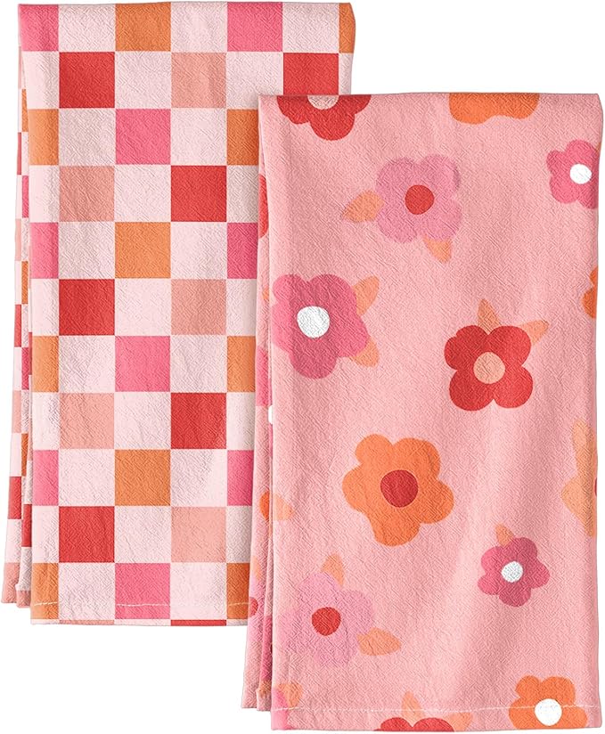 Miss Adola 2 Pack Flour Sack Kitchen Towels - 16x26 Inch Cotton Dish Towels with Hanging Loop Reusable Geometric Boho Modern Retro Tea Towel Absorbent Dishcloths Home Decor, PK Checkered Flower