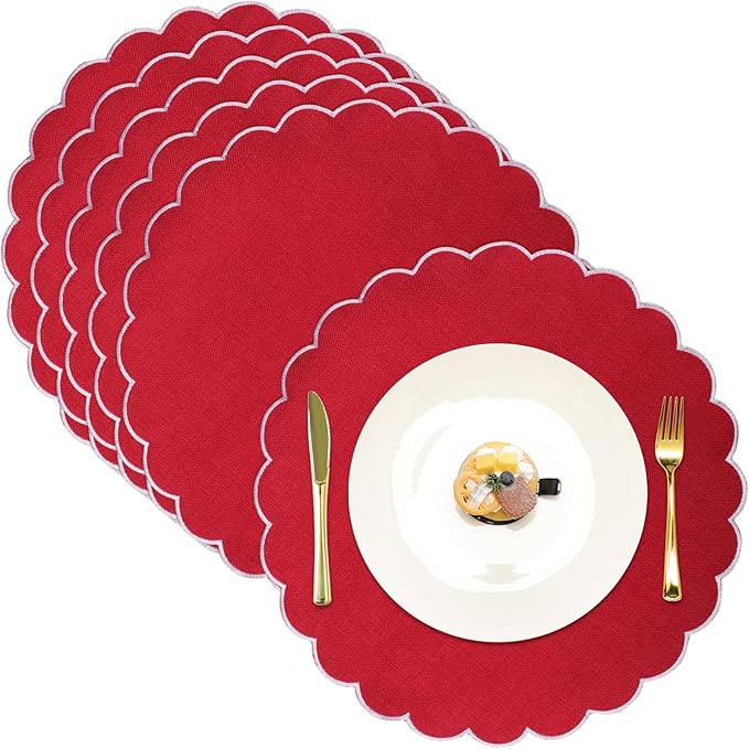 Set of 6 Round Placemats 15 Inch Cotton Scalloped Embroidery Placemat Washable Double Layered Rustic Dinner Table Mat Decor Fabric for Hotel Restaurant Kitchen(Red/White,Classic)
