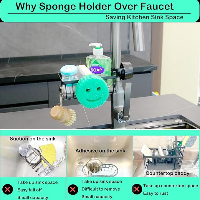 Sponge Holder for Kitchen Sink Smiley Face Sponge Holder Over Faucet - Stainless Steel Sink Caddy Organizer with Quick Stone Drying Mat (Black)
