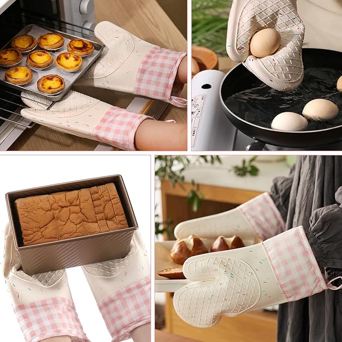 Wanheart Silicone Oven Mitts Heat Resistant, Non Slip Baking Mittens with Cotton Lining, Cute Confetti Pink Kitchen Decor for Cooking, 2-Pack