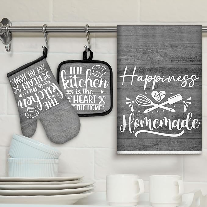 Sratte 6 Pcs Kitchen Decor Accessories Set Farmhouse Towels Pot Holders Oven Mitts Set 2 Dish Towels 2 Potholders 2 Cooking Mittens Oven Glove for Christmas Baking Cooking (Dark Gray)