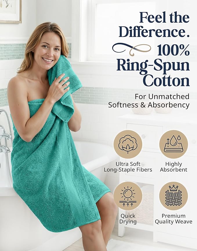 LANE LINEN 100% Cotton Bath Towel Set - 16 Pieces - Softer, Durable & Highly Absorbent - 4 Bath, 8 Wash cloths, 4 Hand Towels for Bathroom - Family Set, Premium Quality & OEKO-TEX Certified - Teal