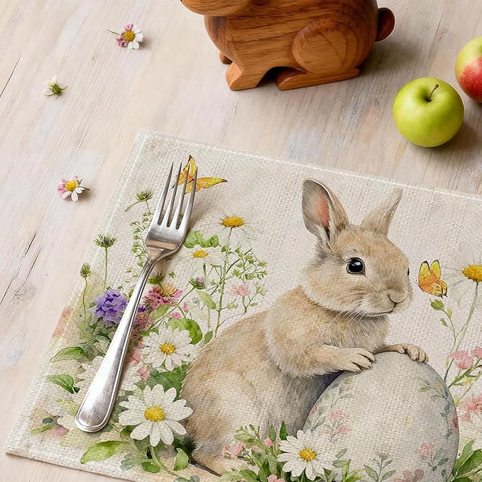 Easter Placemats Set of 4 12x18 inch for Dinning Table, Easter Decor for Party, Home - Bunny and Tulips Farmhouse Table Mat Spring Decroations