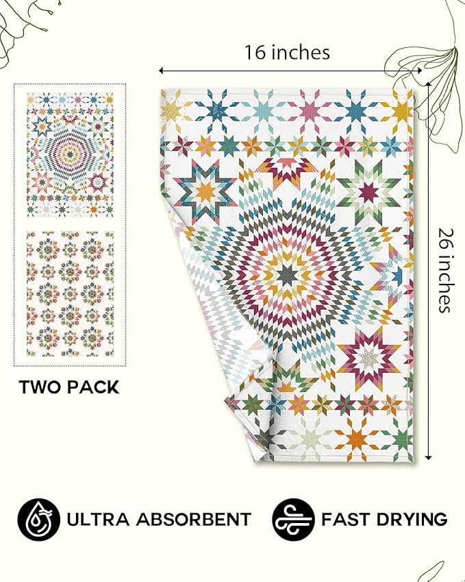 Miss Adola 2 Pack Flour Sack Kitchen Towels - 16x26 Inch Cotton Dish Towels with Hanging Loop Reusable Geometric Boho Modern Retro Tea Towel Absorbent Dishcloths Home Decor, Starburst Design