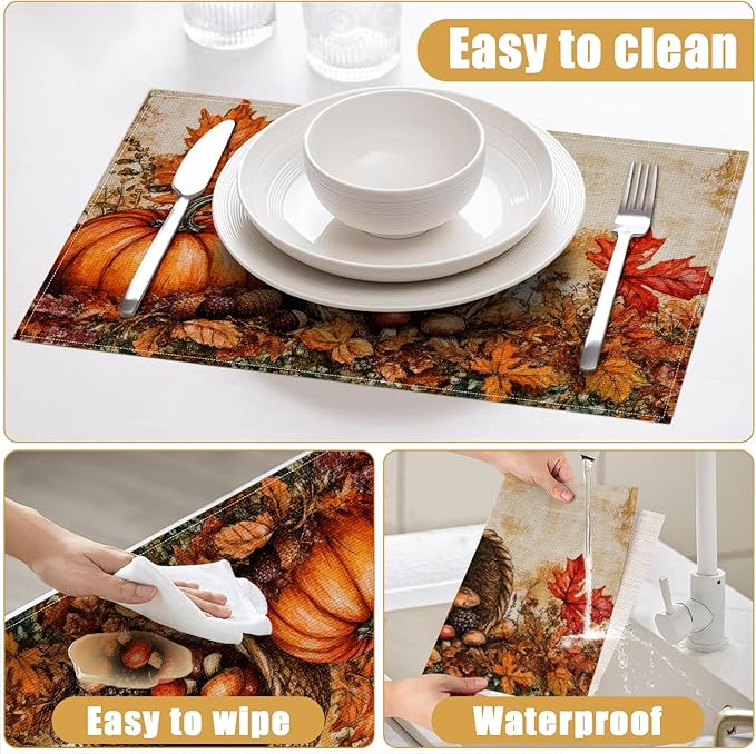 Fall Pumpkin Placemats Set of 6, Autum Mushroom Leaf Linen Place Mat Washable Stain Resistant Table Mats for Farmhouse Kitchen Dining Party Wedding Decor 12x18 Inch