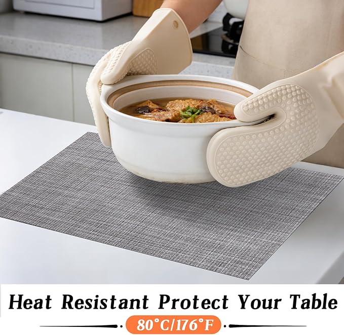 Timeet Placemats Set of 8, Heat Resistant Non-Slip Place Mats, Durable Washable PVC Vinyl Woven Table Mats, Linen Textured Table Placemats for Dining Kitchen Resistant Easy to Clean(Gray)