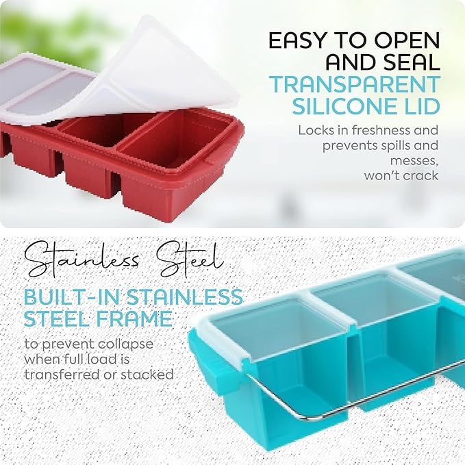 XOMOO Silicone Freezer Tray With Lid - Soup Freezer Container molds - Large Ice Cube Tray- makes 8 perfect 1 cup portions cubes, 2-Pack Freezer Storage Food Soups & Meal Prep - Oven & Dishwasher -Safe