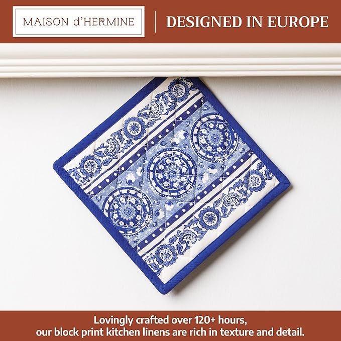 Maison d' Hermine Pot Holders 100% Cotton Heat Resistant Potholders 8" x 8" Hot Pads with Loop BBQ Cooking Baking Gifts for Mothers Day Handling Hot Pans Spring/Summer (Pack of 1, Melodie Bleue)