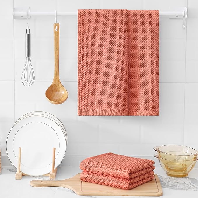 Kitinjoy 100% Cotton Waffle Weave Kitchen Hand Towels (13 X 28 Inches, Coral), 4-Pack Super Soft and Absorbent Dish Towel for Drying Dishes