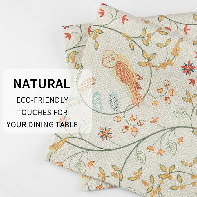 QIYI Boho Placemats Set of 4, 12x18 Inch Linen Fabric Place Mats for Kitchen Dinning, Farmhouse Rustic Floral Cloth Table Mats, Washable Placemat Folk Art Party Table Décor, Forest Birds