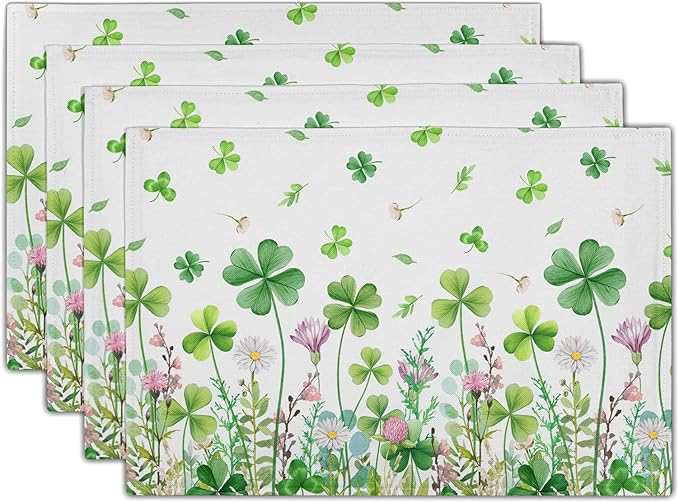 Green Shamrock Placemats Set of 4, 12 x 18 Inch Clover Lucky Floral Heat Resistant Linen Farmhouse Table Dining Place Mats for Seasonal Spring Kitchen Home Decor
