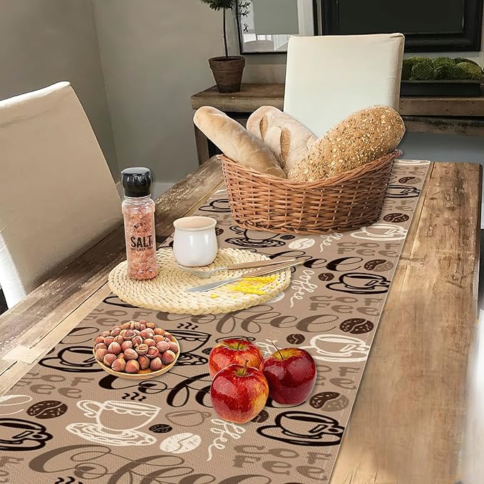 Retro Coffee Cup Table Runner Linen Long Farmhouse Rustic TableRunner for Party Holiday Dining Room /Kitchen,13 x 70 Inches